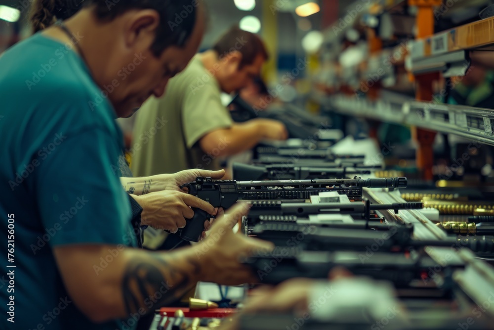 workers assembling firearms on the production line inside the factory
