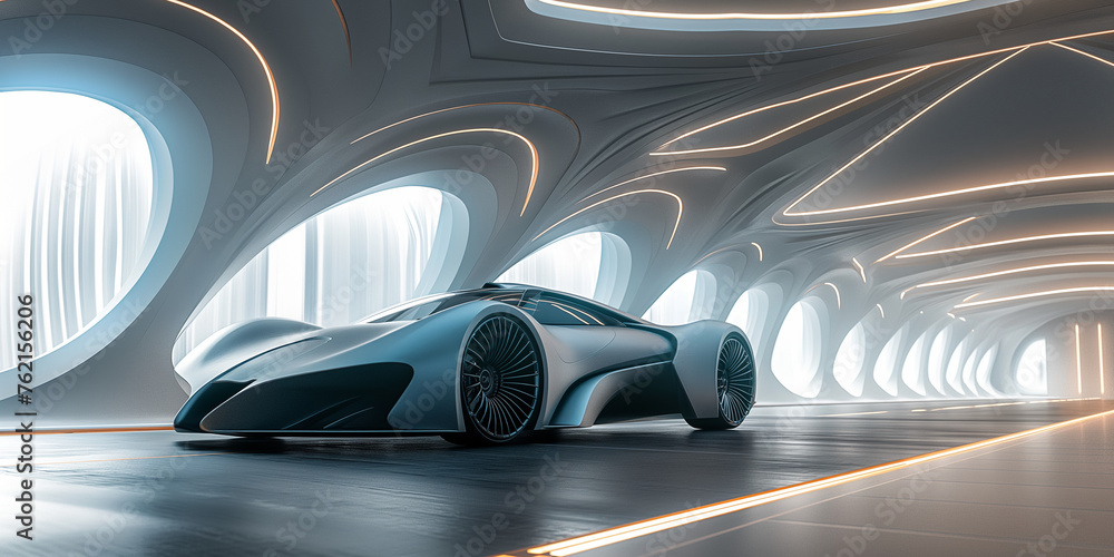 Φωτογραφία Futuristische Architektur Zukunft mit Elektroauto E Fahrzeug Mobilität CO2 neutr