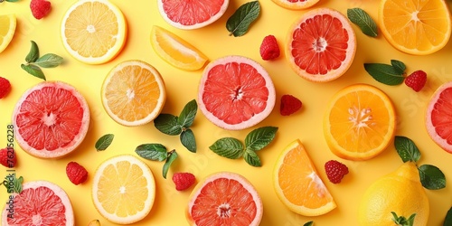 A yellow background with a variety of fruits including oranges, kiwis