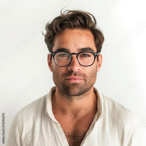 Close-up of a stylish young man with glasses and a neutral expression  white background.