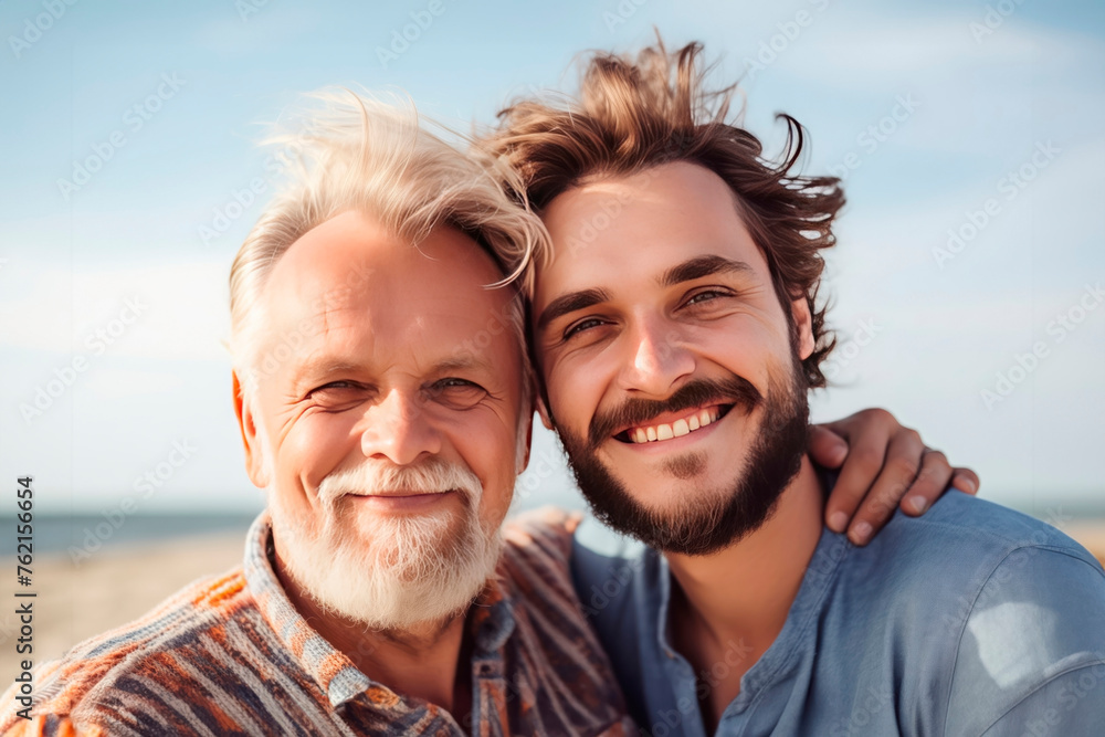 Portrait of a smiling adult son and his father outdoors generative AI Portrait of a smiling adult son and his father outdoors generative AI