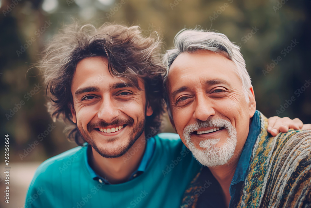 Portrait of a smiling adult son and his father outdoors generative AI