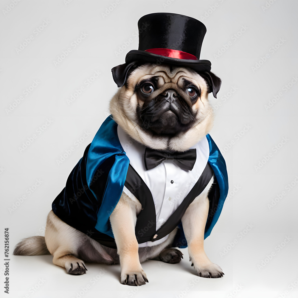 A chubby pug dog wearing magician outfit, isolated on grey background, profile picture