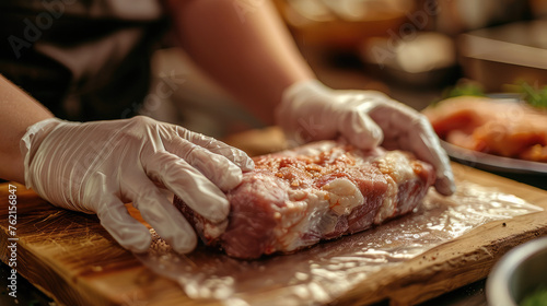 A pair of hands with white translucent gloves inspecting a piece of pork, a clean wooden tabletop. Generative AI.