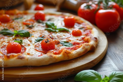 Freshly baked pizza on rustic wood table, ready to eat Italian meal. Generative AI