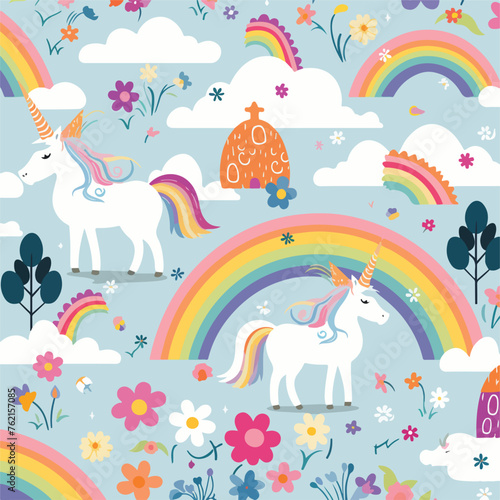 Whimsical unicorns and rainbows pattern illustratio