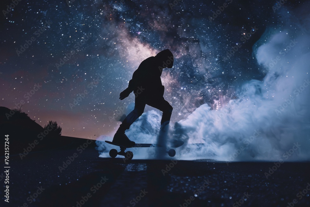 Silhouette of a longboarder with smoke trail under a starry night urban adventure.