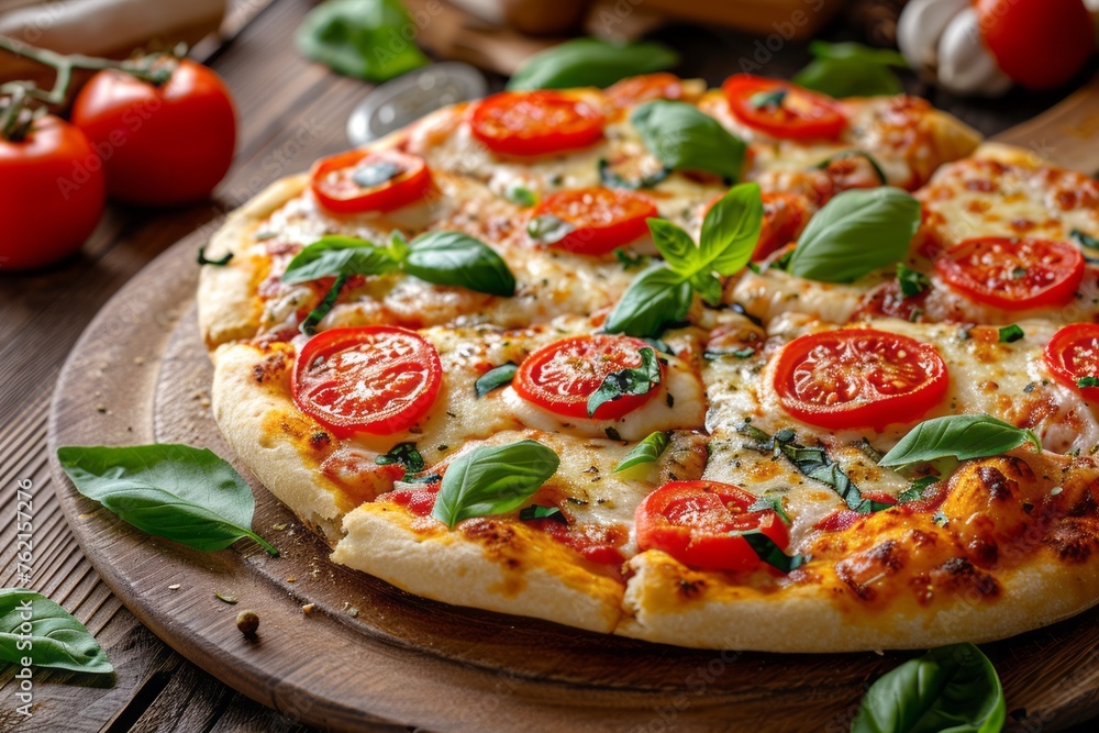 Freshly baked pizza on rustic wood table, ready to eat Italian meal. Generative AI