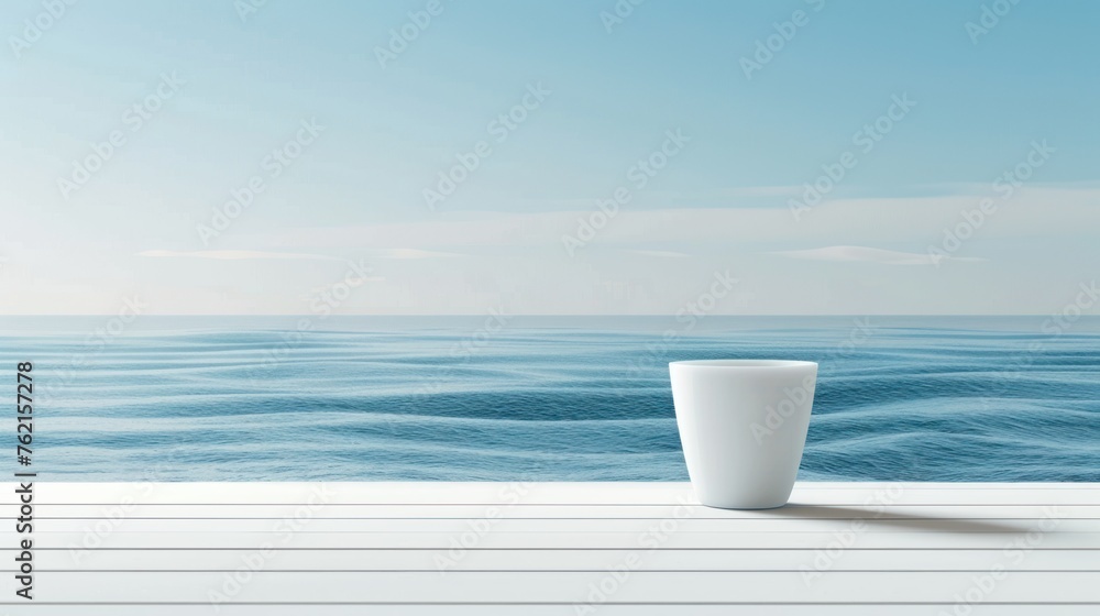 A white cup against the blue sea water landscape background. AI generated image