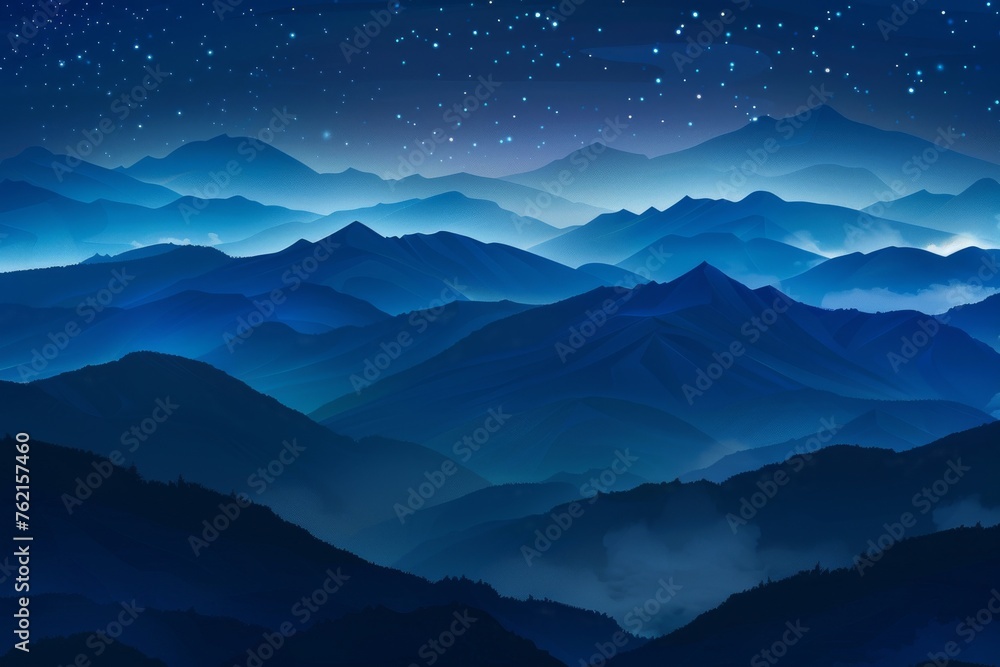 Silhouette of a mountain pass with smoke mist under a starry night epic journey.