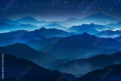 Silhouette of a mountain pass with smoke mist under a starry night epic journey.