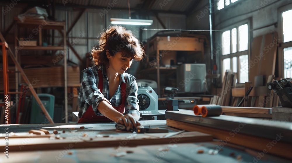 Focused craftsmanship. A female carpenter is intently measuring and marking wood in a well-lit workshop filled with woodworking tools and machinery.