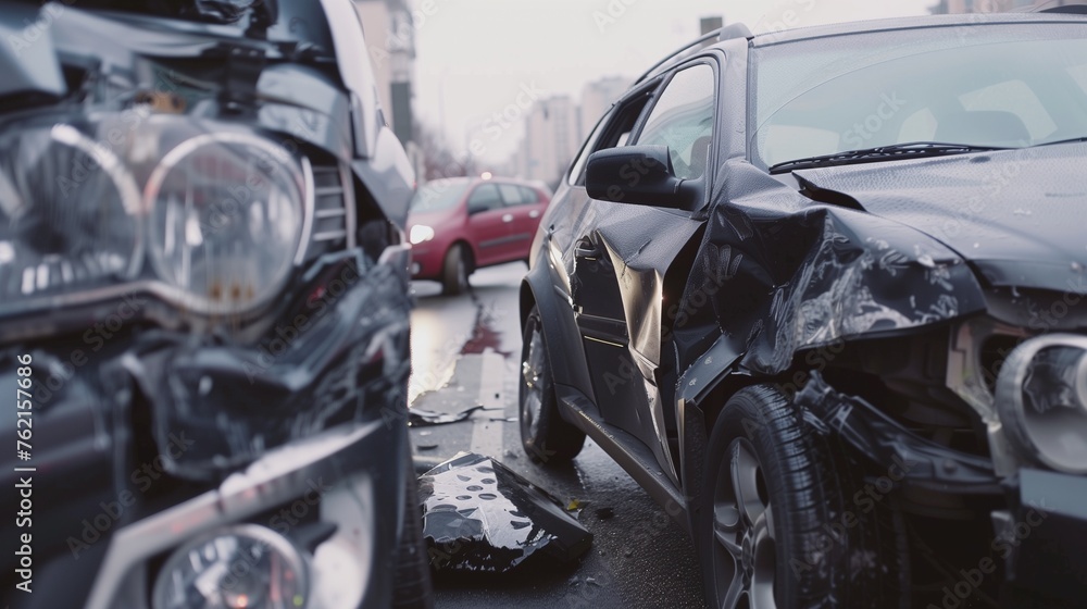 Traffic accident aftermath. A close-up of two cars with significant damage after a collision on a city street, with debris scattered around.