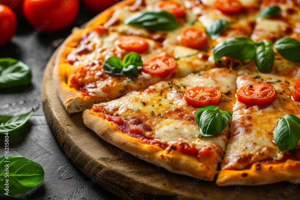 Freshly baked pizza on rustic wood table, ready to eat Italian meal. Generative AI