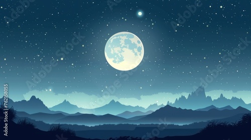 Illustration of full moon view above the sky at night with flat style. AI generated image © yusufadi