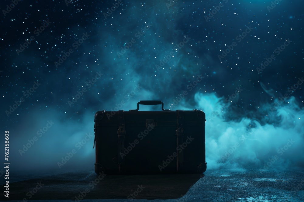 Silhouette of a vintage suitcase with smoke travel under a starry night wanderlust dream. - obrazy, fototapety, plakaty 