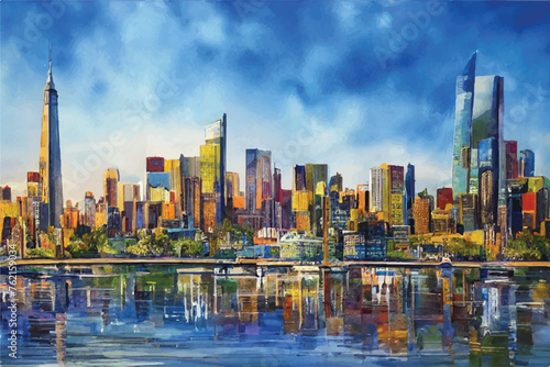 Beautiful city skyline view oil painting. Oil paintings city landscape. Skyline city view. city landscape painting, background of paint. City landscape with beautiful buildings, roads. © Usama