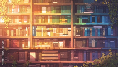 A bookshelf filled with books in rainbow colors. This scene creates a colorful and vibrant atmosphere that could represent different ideas  thoughts  knowledge  reading fun and education