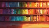 Bookshelf filled with books in rainbow colors. 