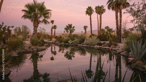 Serene desert oasis captured in the tranquil light of twilight - Palm trees frame a small crystal clear pond reflecting the soft pastel colors of the evening Sky created with Generative AI Technology