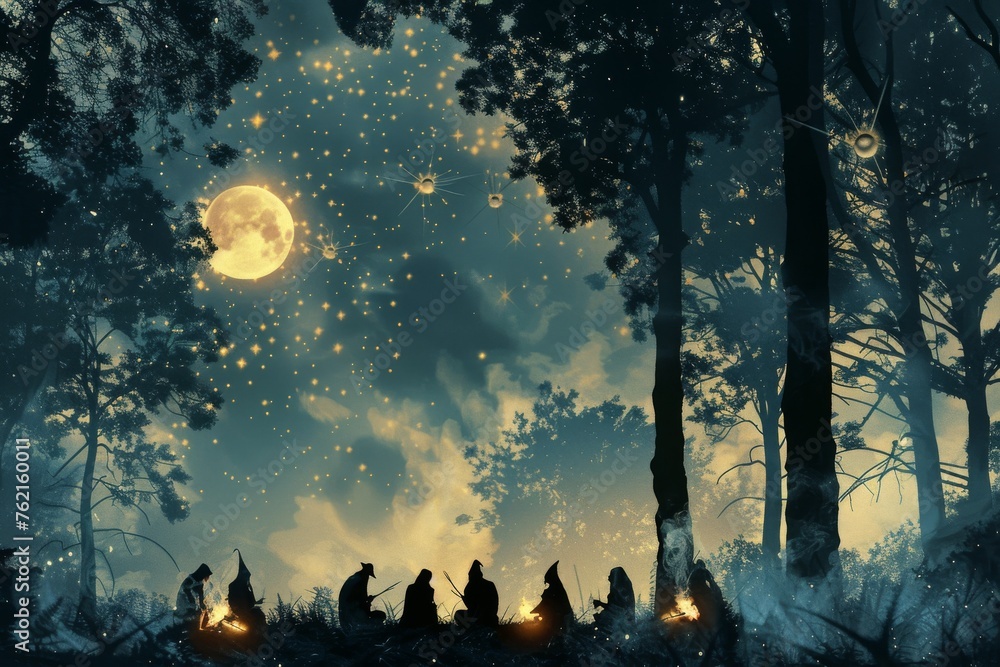 Witches' gathering in a forest clearing with smoke and a starry night sky - obrazy, fototapety, plakaty 