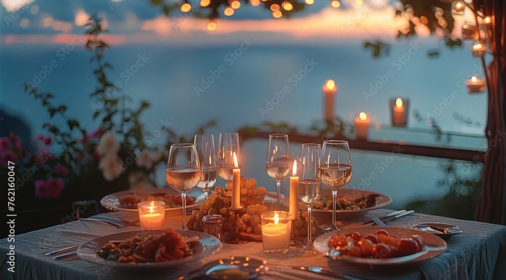 Cozy dinner with ocean view, candles. Generative AI. - obrazy, fototapety, plakaty 