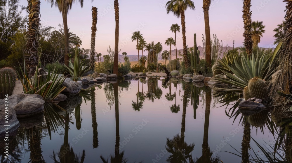Serene desert oasis captured in the tranquil light of twilight - Palm trees frame a small crystal clear pond reflecting the soft pastel colors of the evening Sky created with Generative AI Technology