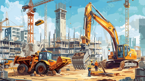Urban Development With Construction Workers and Machinery at a Building Site photo