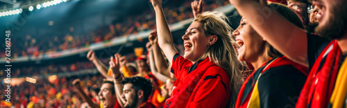 Belgian football soccer fans in a stadium supporting the national team, Rode Duivels, Diables Rouges  © Pixelmagic