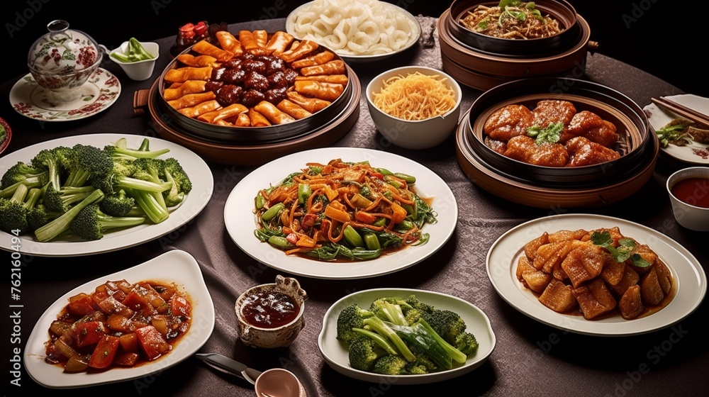 An array of Chinese stir-fried vegetables and meats served on a communal table, perfect for sharing and enjoying together with many.
