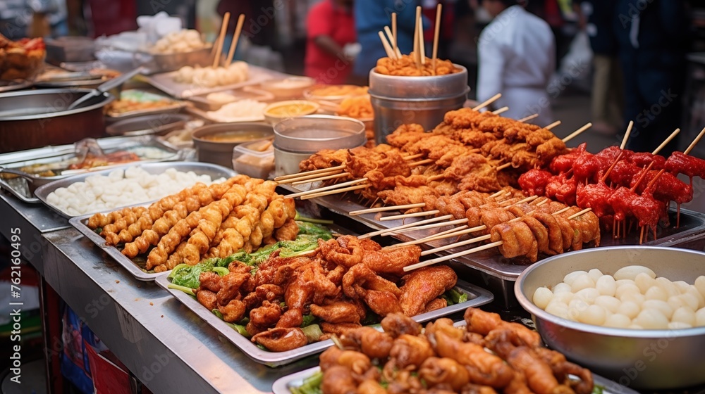 Chicken skin and meat coated in flour, fried until crispy, served with a flavorful dipping sauce, a popular dish known for its crunchy texture.
