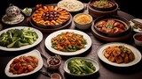 An array of Chinese stir-fried vegetables and meats served on a communal table, perfect for sharing and enjoying together with many.
