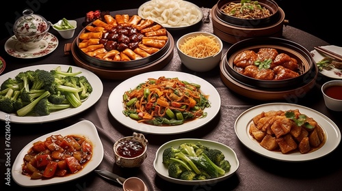 An array of Chinese stir-fried vegetables and meats served on a communal table, perfect for sharing and enjoying together with many. 