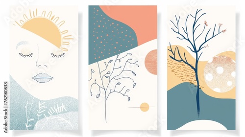 Modern illustration in vintage boho style with woman's face, sun, tree, shapes, thin lines on three abstract minimalistic backgrounds.
