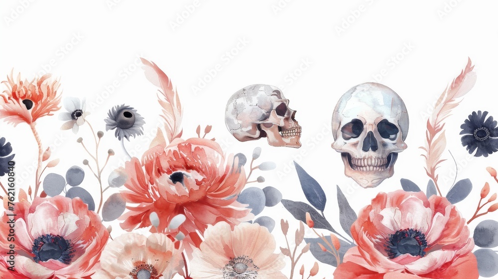 Boho, feathers, peony, anemone, skull, watercolor