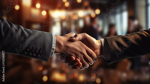 Handshake against the background of a conference room, office, workplace. Conclusion of a business contract, successful deal. Bokeh effect. AI generative