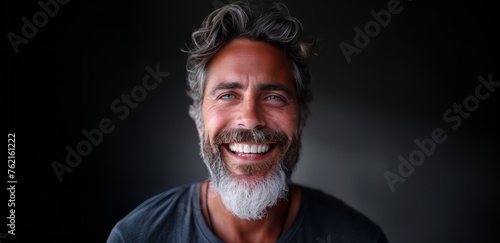 close up portrait of handsome successful happy and attractive man with grey hair and a beard looking at the camera. displaying vibrant health with great tan skin and white teeth. Generative ai photo