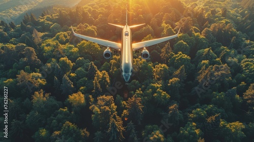 Airplane Flying Over Forest in Sun