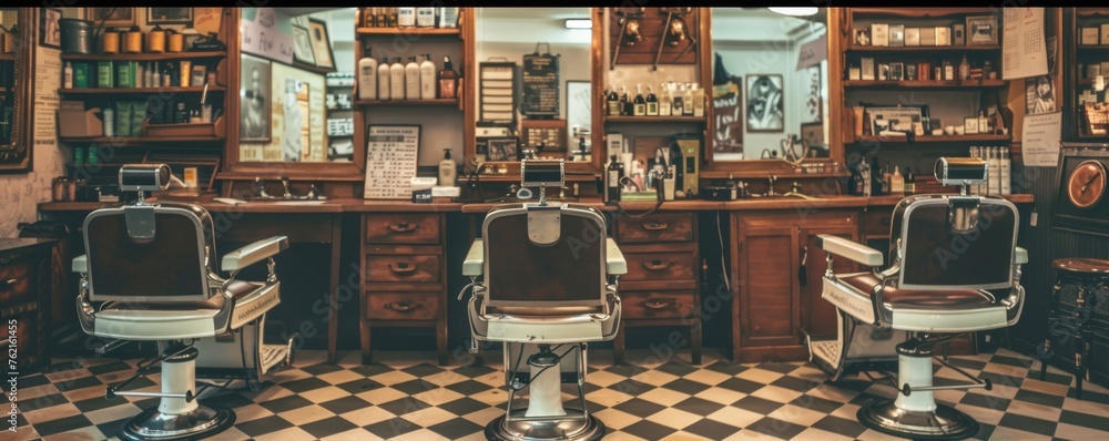 Vintage barbershop interior with classic chairs and checkered floor. - obrazy, fototapety, plakaty 
