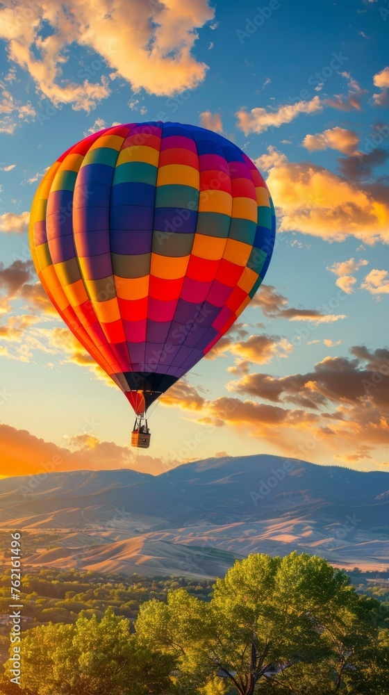 Fototapeta premium Hot air balloon with vibrant colors flying over rolling hills at sunset.