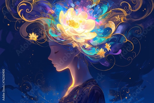 A digital art piece. Elegant woman's with vibrant colors and swirling patterns representing her thoughts or dreams. A glowing flower floats above her head, symbolizing inner beauty and tranquility.