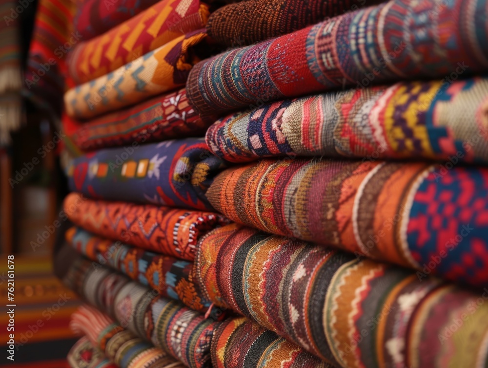 Stacked colorful traditional woven fabrics with intricate patterns.