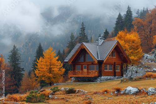 Wooden country house in an autumn pine forest in the mountains
