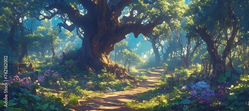 A fantasy forest with giant trees  lush greenery and colorful flowers  winding paths leading to hidden glades of light filtering through the canopy  creating an enchanting atmosphere. 