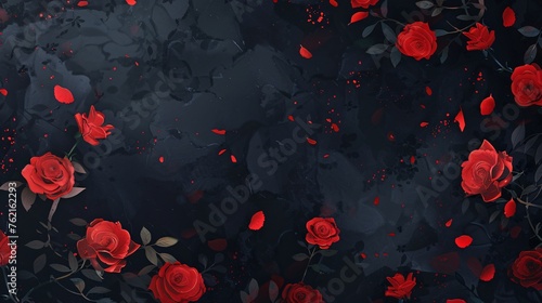 a dark background with scattered red roses and rose petals