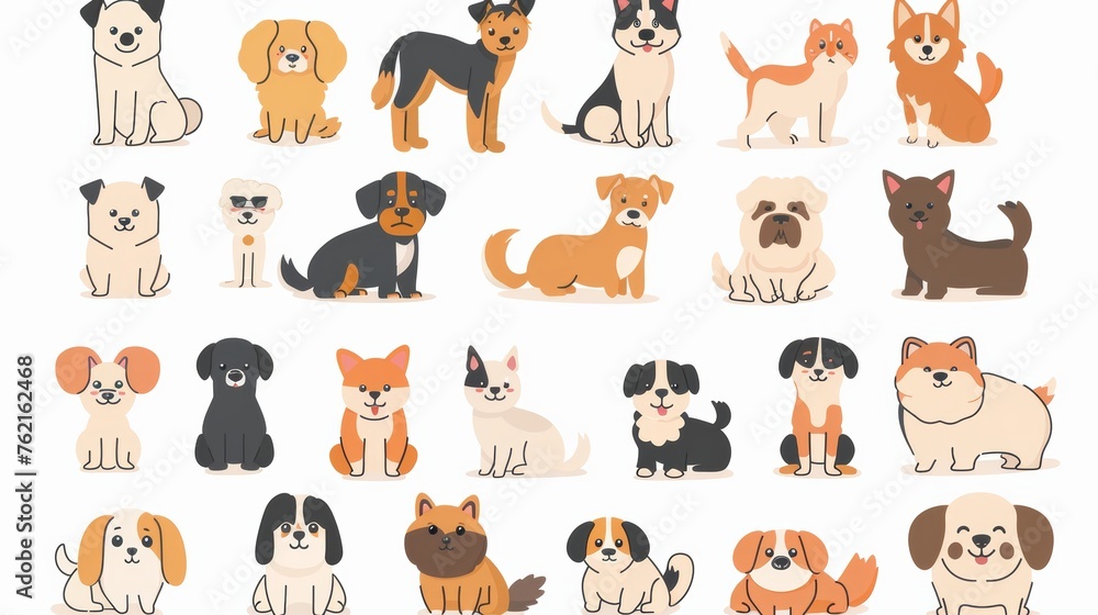 Flat style modern illustration with dog characters. Dogs are standing in front of you in various brands.