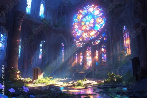 A fantasythemed digital painting of an old, abandoned chapel with stained glass windows, casting colorful light on the floor and walls. The scene is filled with sunlight
