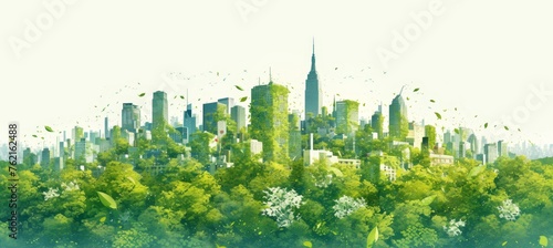 A flat illustration of an urban skyline with buildings shaped like leaves  surrounded by greenery and nature-inspired elements.