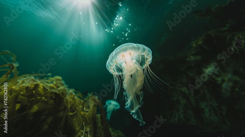 Graceful Jellyfish Swimming in Bioluminescent Ocean © AnimalAI