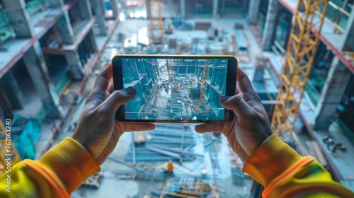 Augmented reality app overlaying BIM data on a construction site for precise building.